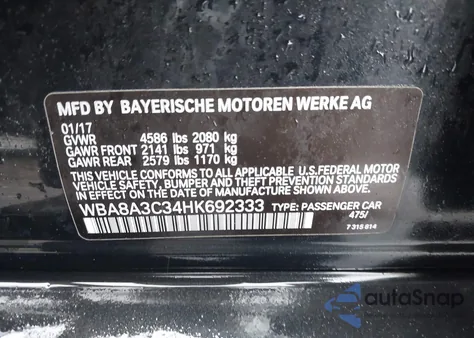 2017 BMW 320I xDrive from USA, damaged, VIN WBA8A3C34HK692333
